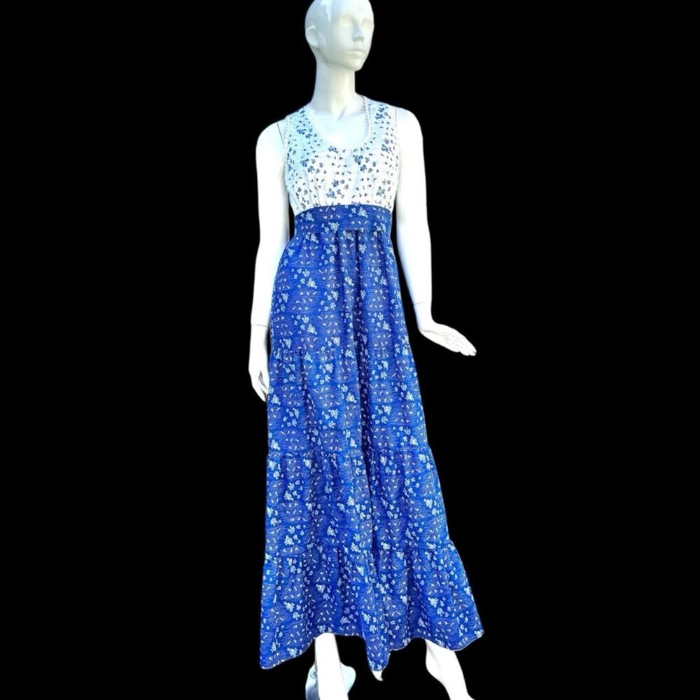 Vtg 70's Mr B of California Blue White Tiny Flower Sleeveless Maxi Dress Size 10
